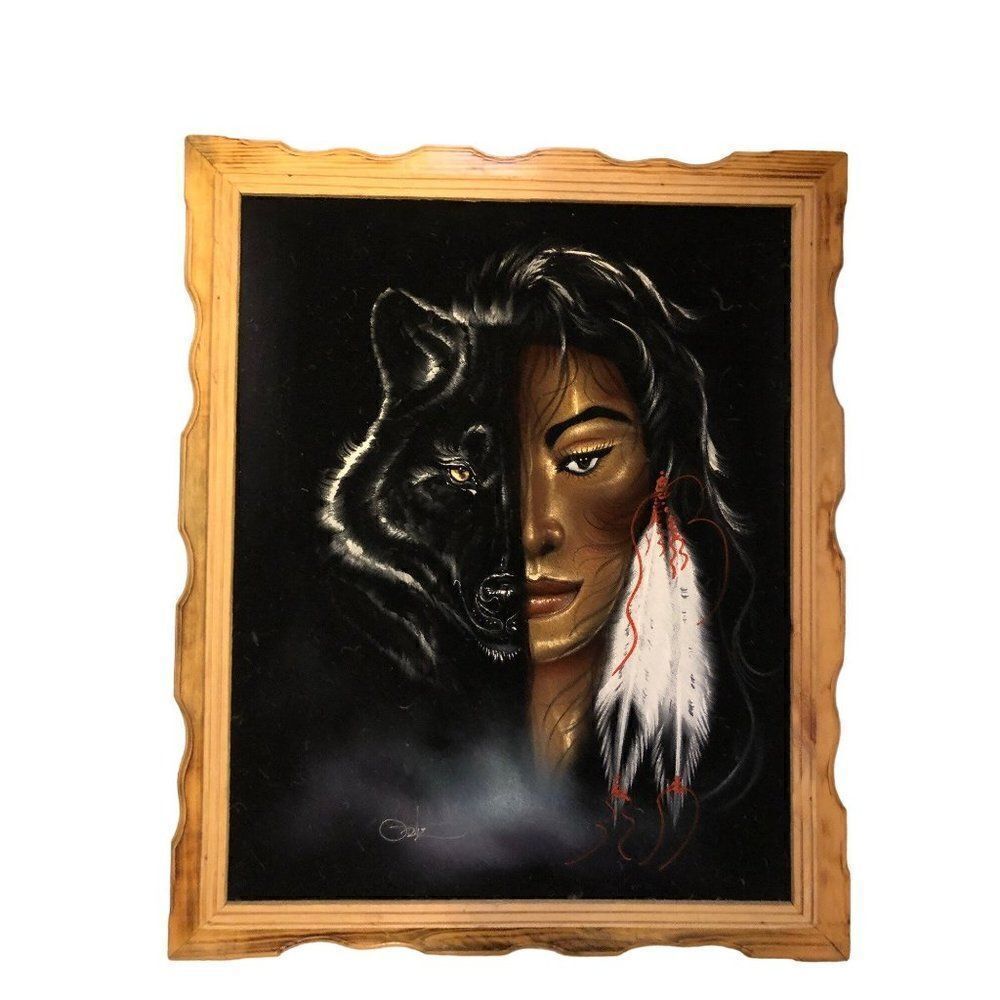 VTG David Ortiz Velvet Hand Painting Native American Women Black Wolf
